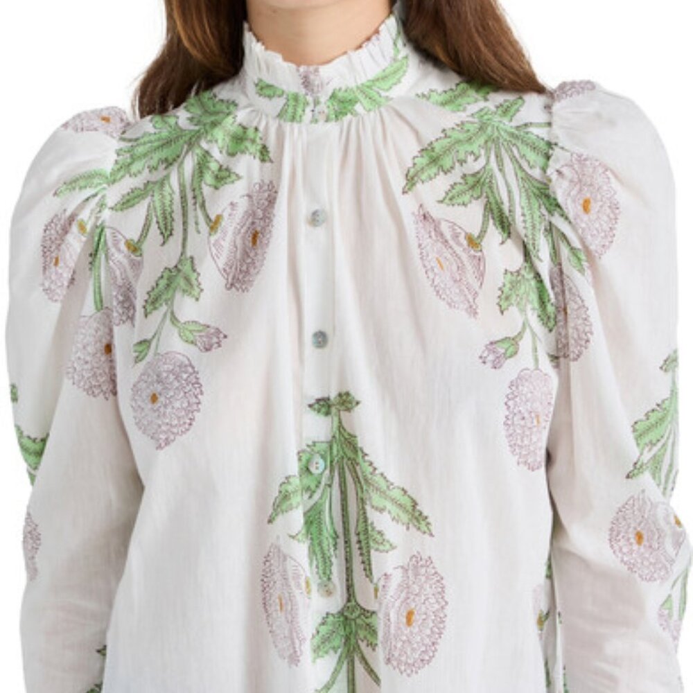 Alix Of Bohemia White Floral Button-Down Shirt with Green Accents
